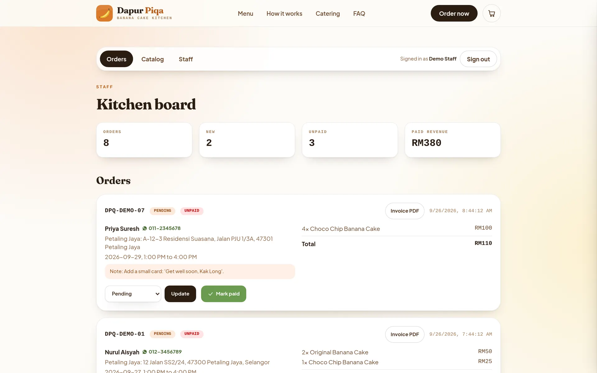 The Dapur Piqa kitchen board with demo orders.