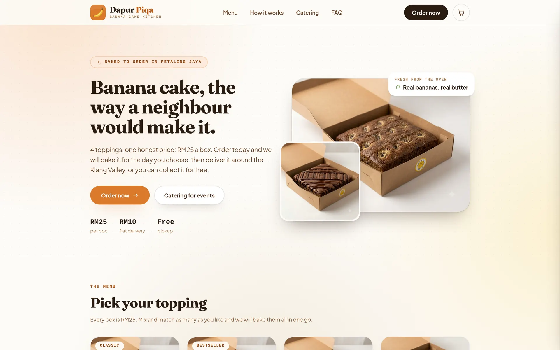 Dapur Piqa home page: a banana cake shop front with the menu and an order button.